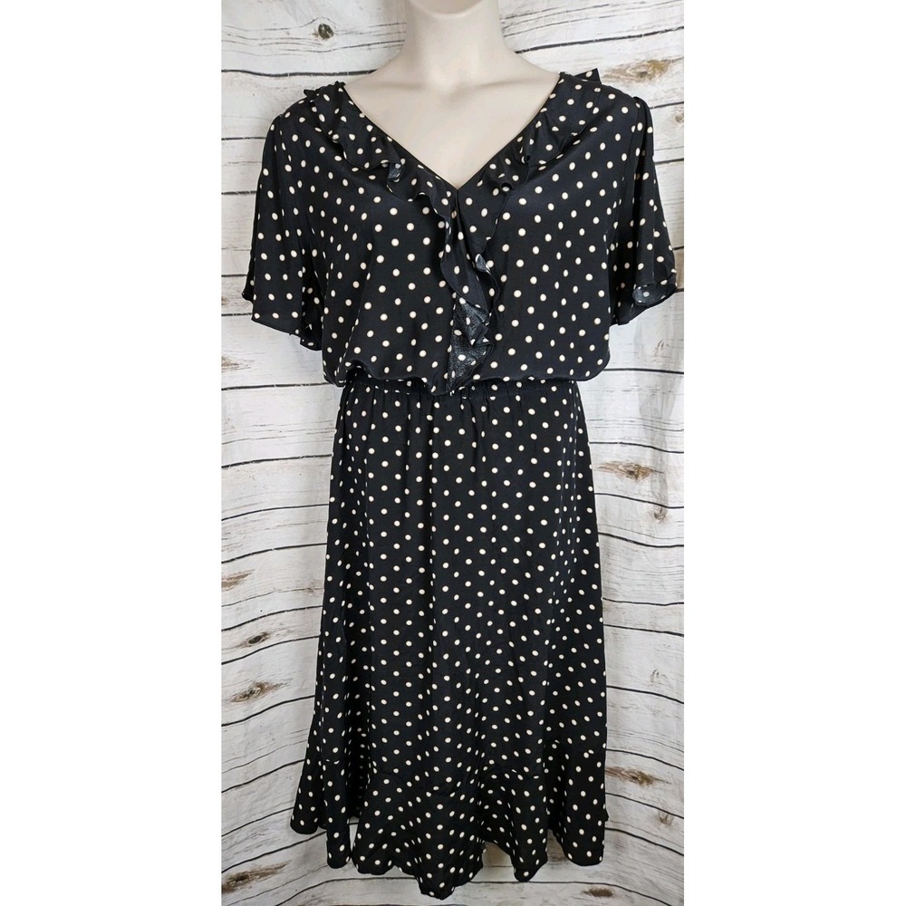 Talbots Black Polka Dot Circle Print Dress 3X Fit & Flare Midi Ruffle Viscose